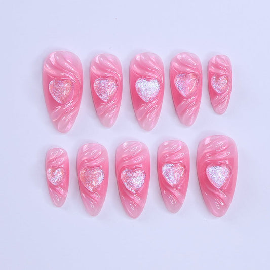 Handmade Pink Heart Press-On Nails – Valentine Collection - soft pink tones with shimmering 3D heart accents. Perfect for Valentine’s Day, anniversaries, birthdays, or as a romantic gift for her.

