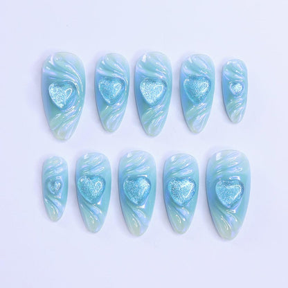 Handmade Blue Heart Press-On Nails – Valetine Collection - soft blue tones with shimmering 3D heart accents. Perfect for birthdays, holidays, anniversaries, or as a thoughtful gift for her.