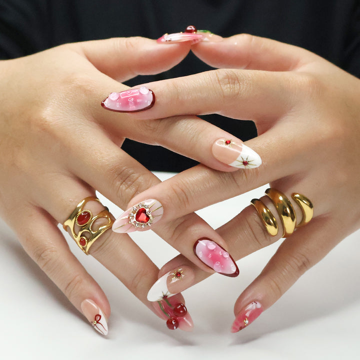 Golden Cupid- Romantic Red and Pink Press-On Nails – Cherry and heart designs, handmade with 3D gel for holiday, vacation, valentine's day, birthday nails, or as a gift for her.