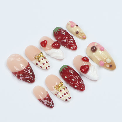 love struck - Strawberry Dessert Press-On Nails – Handmade 3D design with strawberries, whipped cream, and chocolate-inspired accents. Perfect for holiday, vacation, valentine day, birthday nails, or a thoughtful gift for her