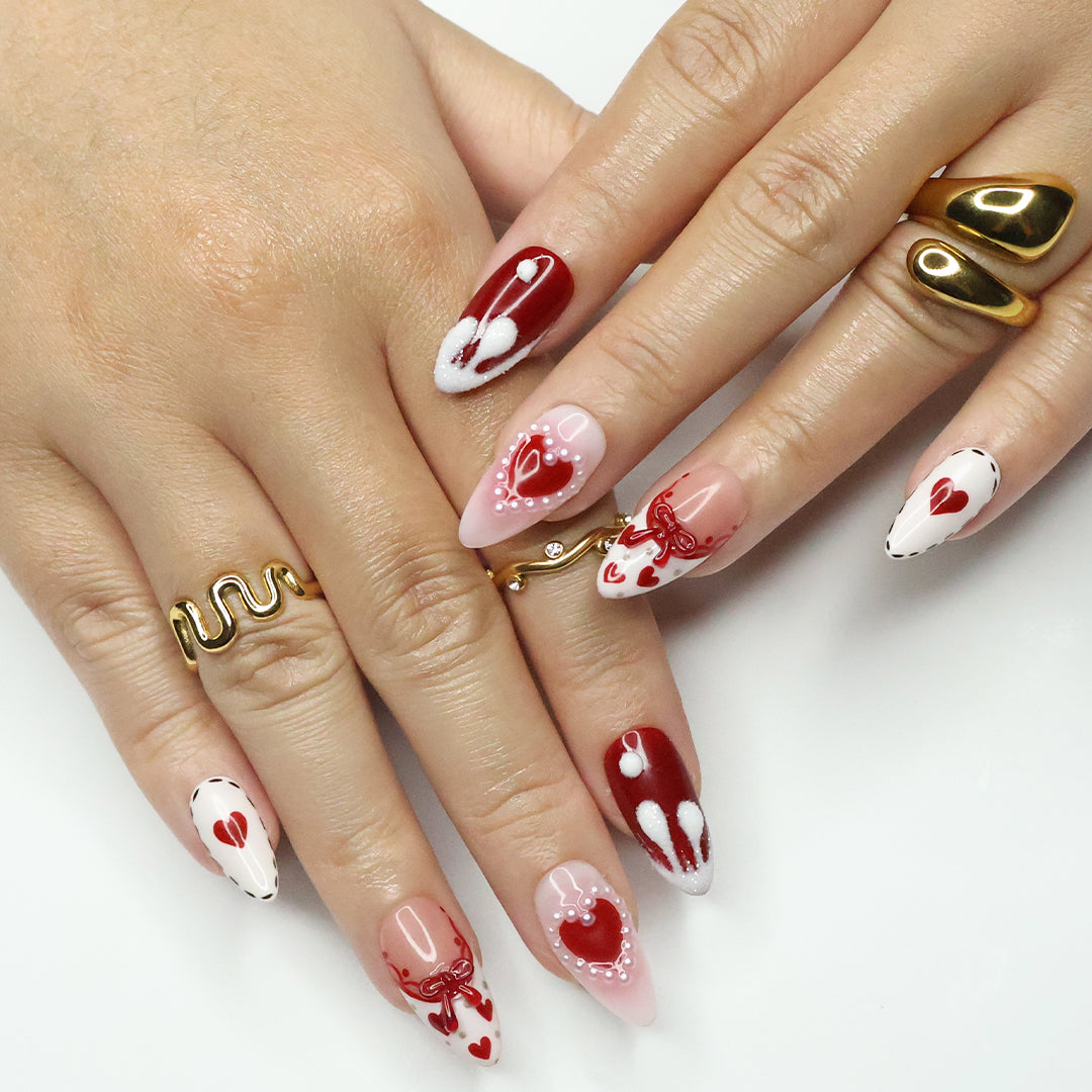 Valentine's Kiss- Red and White Valentine’s Day Press-On Nails – Heart and bow designs, handmade with 3D gel for holiday, vacation, birthday nails, or a gift for her.