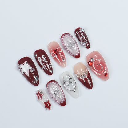 Be Mine Valentine's Day Press-On Nails – Elegant red and pink designs featuring hearts, stars, pearls, and romantic accents, perfect for holidays, birthdays, or vacations