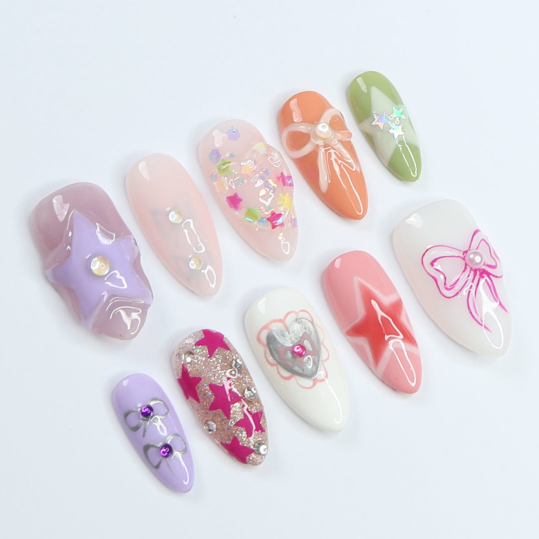 I'm in love - Valentine collection 3D Stars & Love Heart Medium Almond Press on nails, Handmade Cute False Nails for Holiday, Vacation, Birthday, Prom Nails. Gift for Her