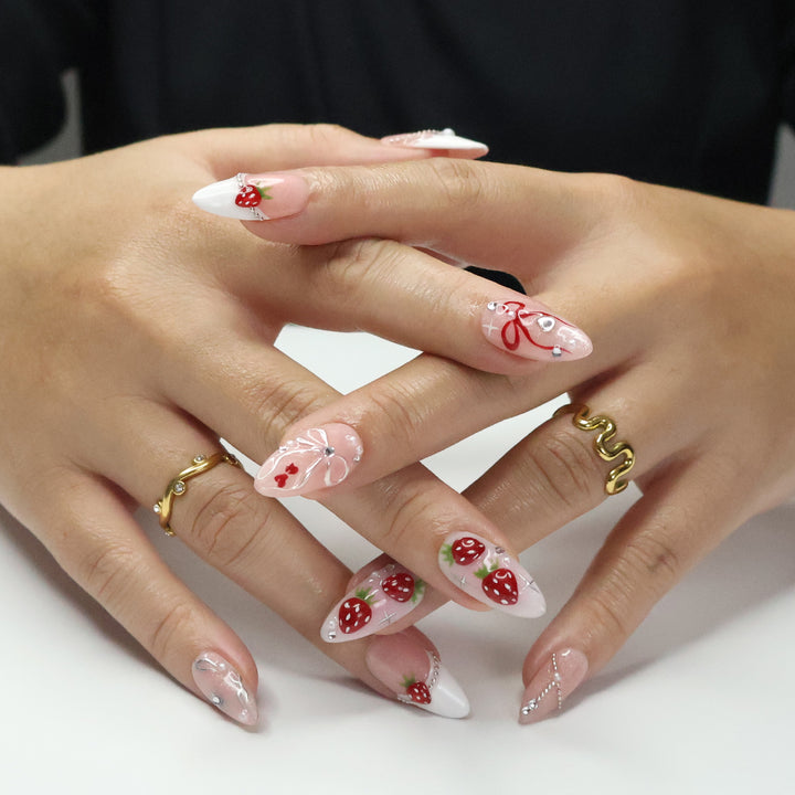 Love at First Berry - Strawberry Dream Press-On Nails – Red strawberries with pearls and silver accents, handmade for holiday, vacation, birthday nails, or as a gift for her.