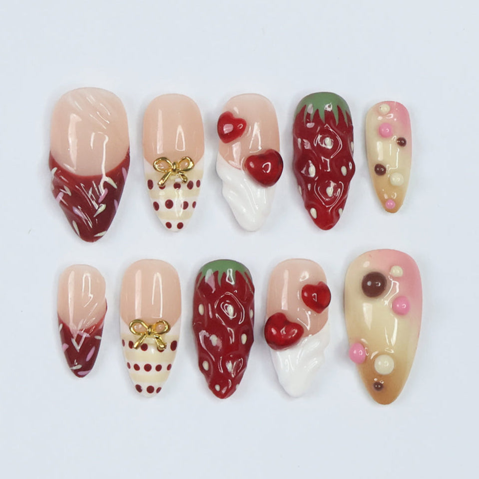 love struck - Strawberry Dessert Press-On Nails – Handmade 3D design with strawberries, whipped cream, and chocolate-inspired accents. Perfect for holiday, vacation, valentine day, birthday nails, or a thoughtful gift for her