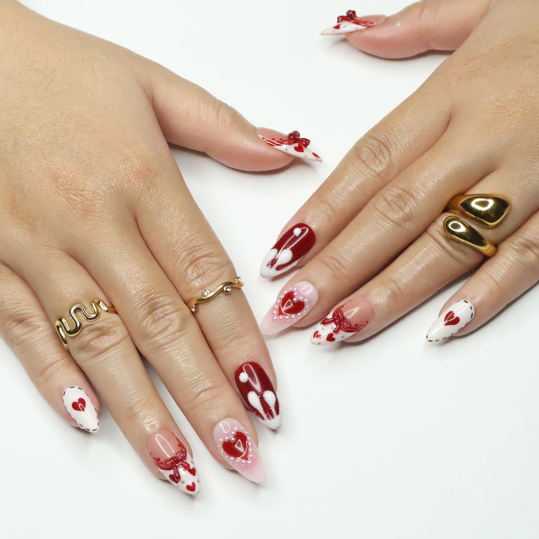 Valentine's Kiss- Red and White Valentine’s Day Press-On Nails – Heart and bow designs, handmade with 3D gel for holiday, vacation, birthday nails, or a gift for her.