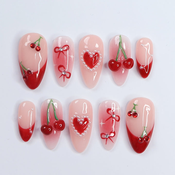 red press on nails pink press on nails pink pressons red pressons cherry heart bows press on nails nail set red theory nails