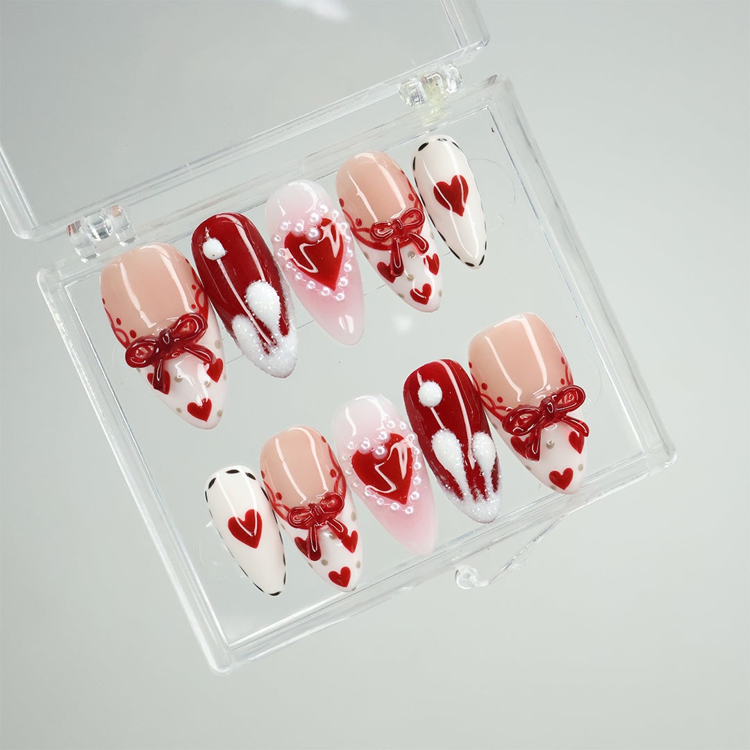 Valentine's Kiss- Red and White Valentine’s Day Press-On Nails – Heart and bow designs, handmade with 3D gel for holiday, vacation, birthday nails, or a gift for her.