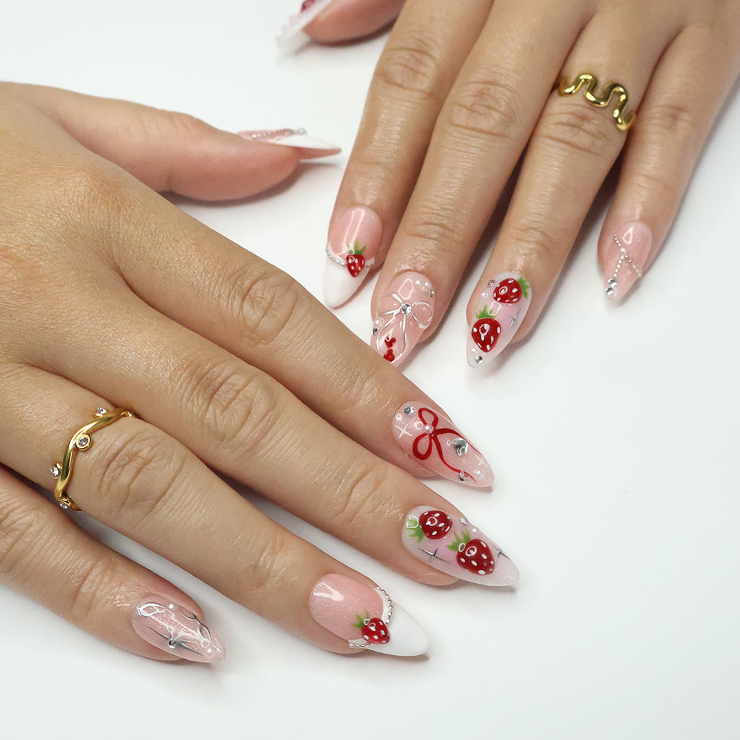 Love at First Berry - Strawberry Dream Press-On Nails – Red strawberries with pearls and silver accents, handmade for holiday, vacation, birthday nails, or as a gift for her.