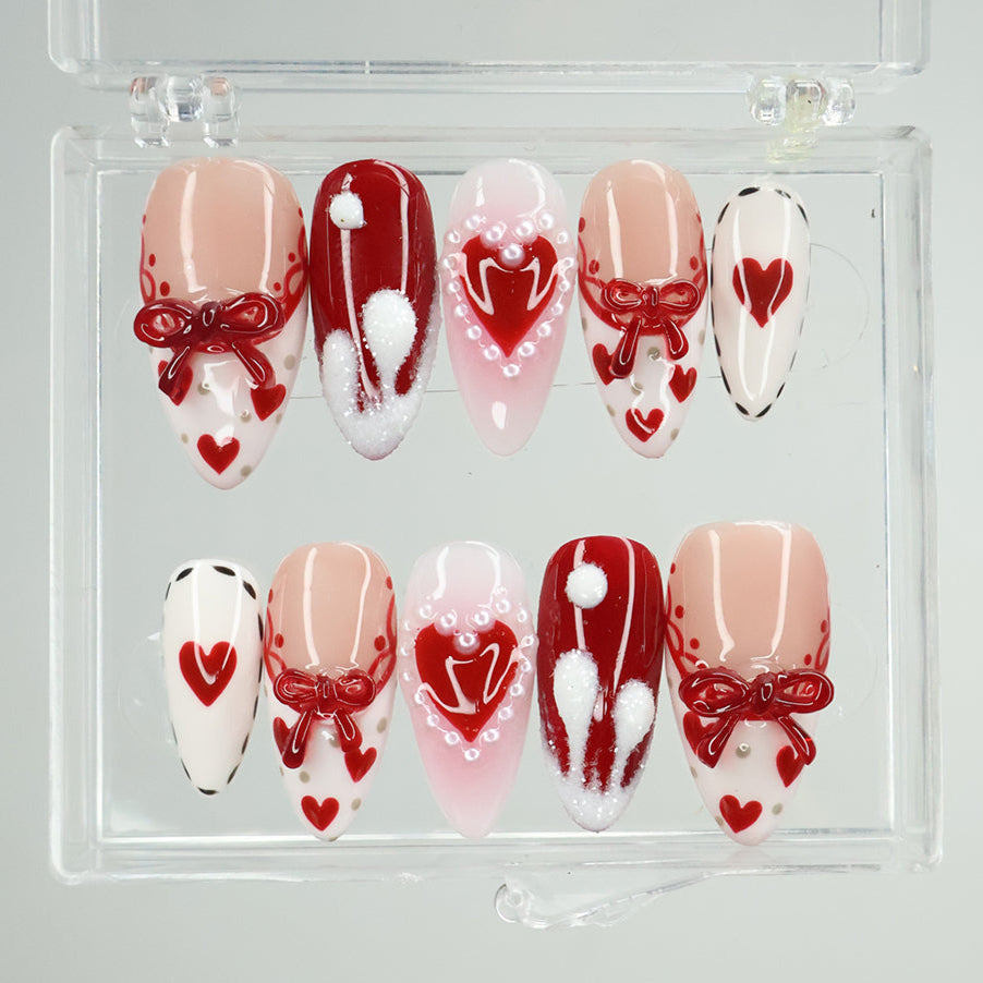 Valentine's Kiss- Red and White Valentine’s Day Press-On Nails – Heart and bow designs, handmade with 3D gel for holiday, vacation, birthday nails, or a gift for her.