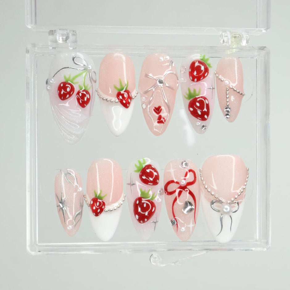 Love at First Berry - Strawberry Dream Press-On Nails – Red strawberries with pearls and silver accents, handmade for holiday, vacation, birthday nails, or as a gift for her.