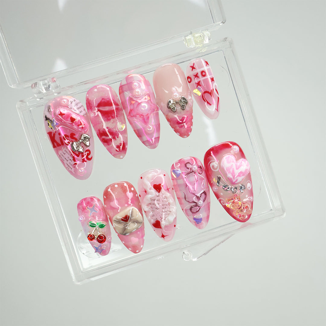 Kiss Me Xo - Romantic Valentine's Pink and Red Press-On Nails – Heart and bow-themed handmade designs for holiday, vacation, birthday nails, or a gift for her