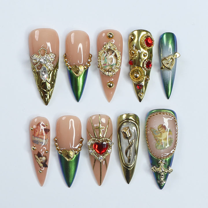 Opulent, regal, and dripping in old-money glamour. Baroque gold, deep emerald hues, and vintage cherub accents create a masterpiece worthy of a Renaissance muse. Intricate 3D embellishments, sparkling gemstones, and delicate filigree details make every nail feel like a mini work of art. If you love luxury, romance, and timeless elegance, this set is calling your name.