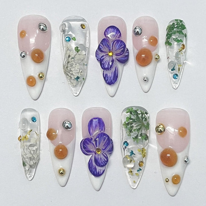 3D flower long almond handmade press on nails, floral spring nails 