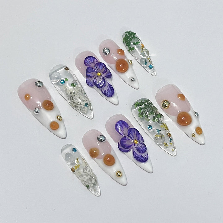 3D flower long almond handmade press on nails, floral spring nails 