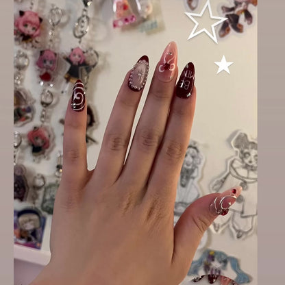 Be Mine Valentine's Day Press-On Nails – Elegant red and pink designs featuring hearts, stars, pearls, and romantic accents, perfect for holidays, birthdays, or vacations