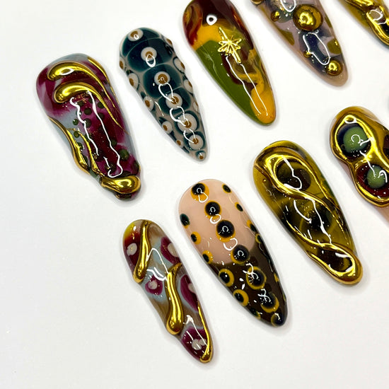 Golden Age | Gold Chrome with earthy color & 3D Texture handmade press on nails by lilynailsart.co, great as gift for her birthday,  holiday, vacation, party nails