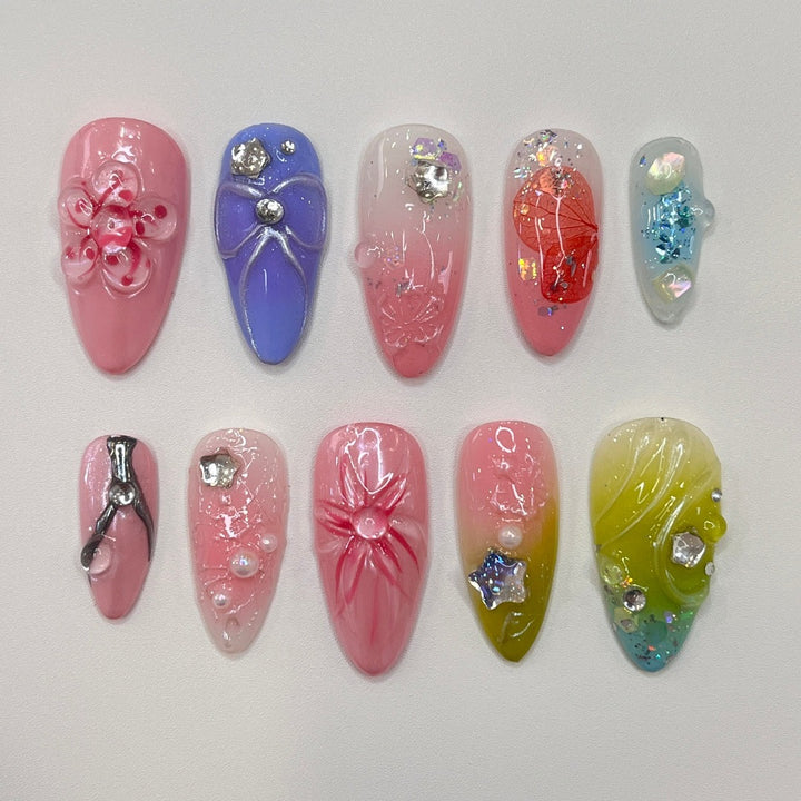 3D flower long almond handmade press on nails, floral spring nails 