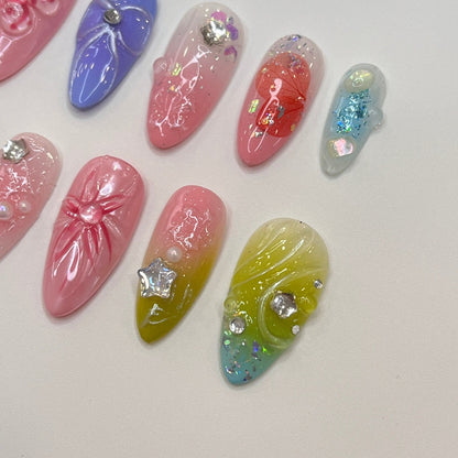 3D flower long almond handmade press on nails, floral spring nails 