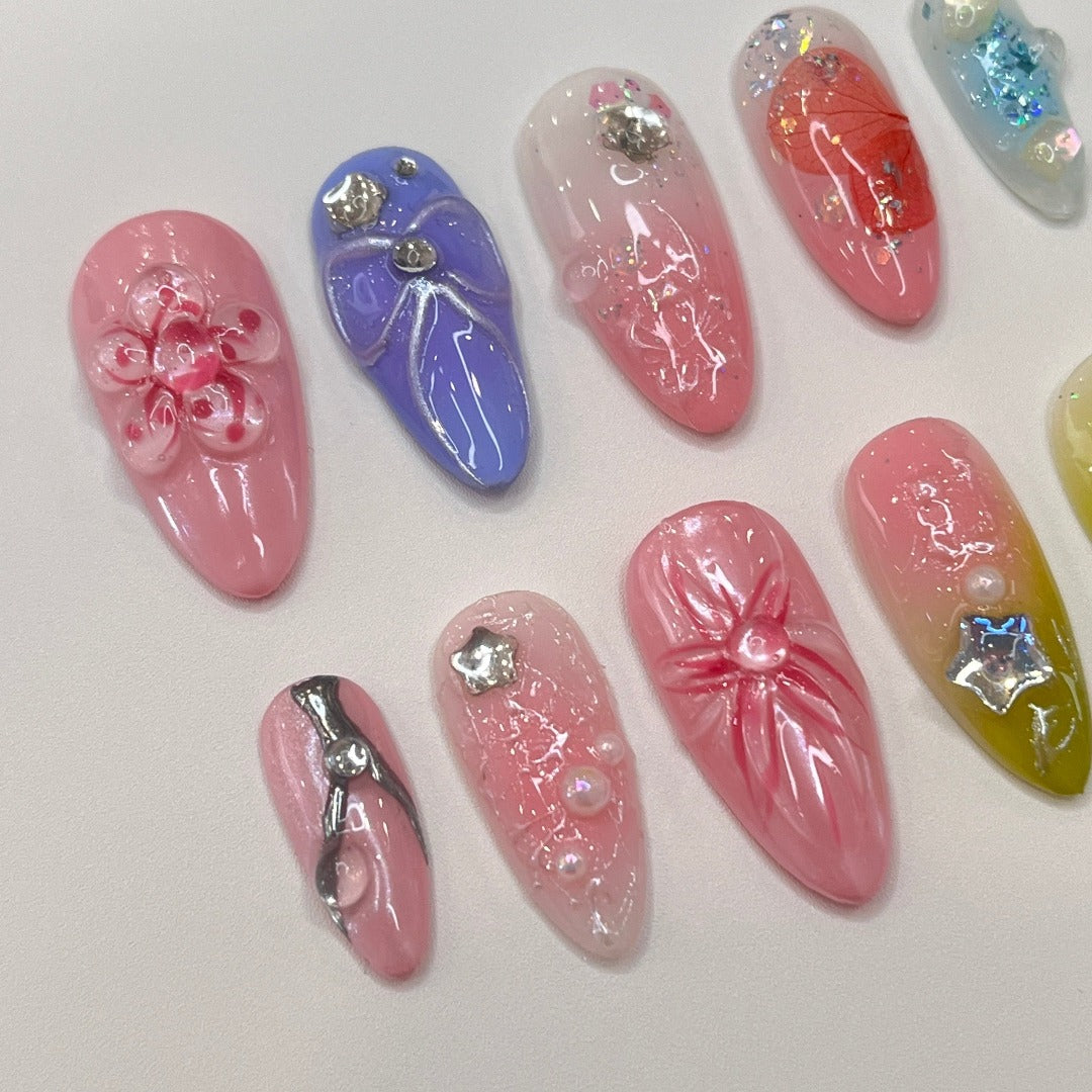 3D flower long almond handmade press on nails, floral spring nails 