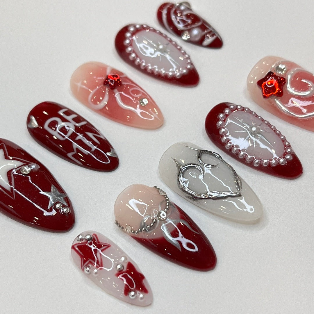 Valentine theme medium almond handmade press on nails,  elegance custom made false nails 