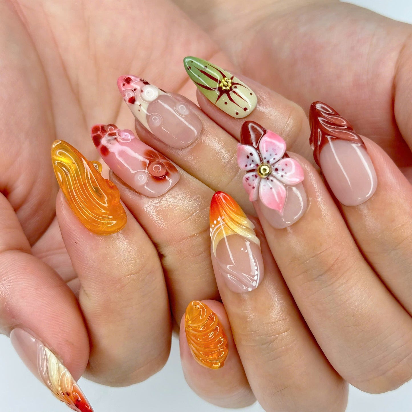 beautiful rich autumn color handmade 3D gel press on nails by lilynailsart.co