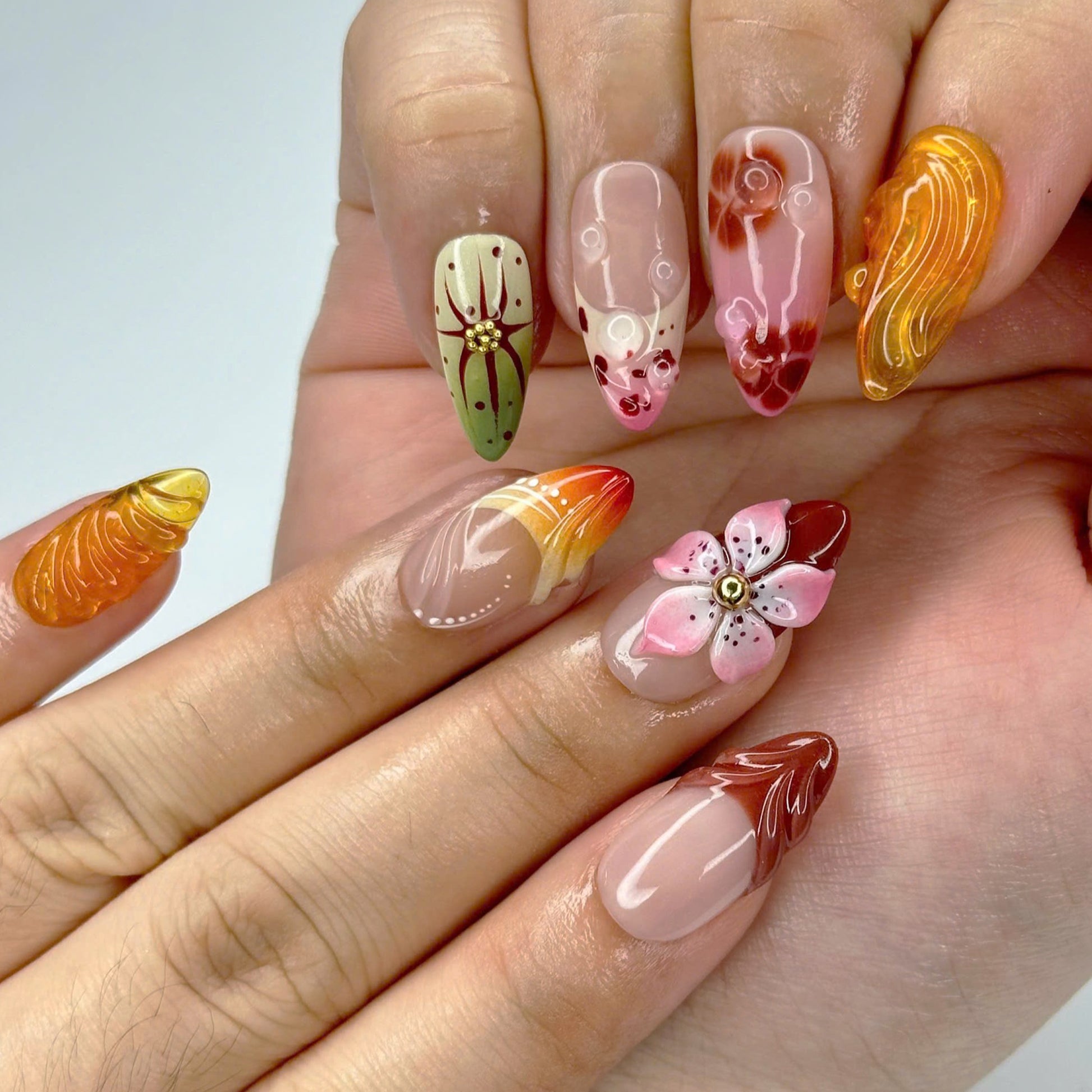 beautiful rich autumn color handmade 3D gel press on nails by lilynailsart.co