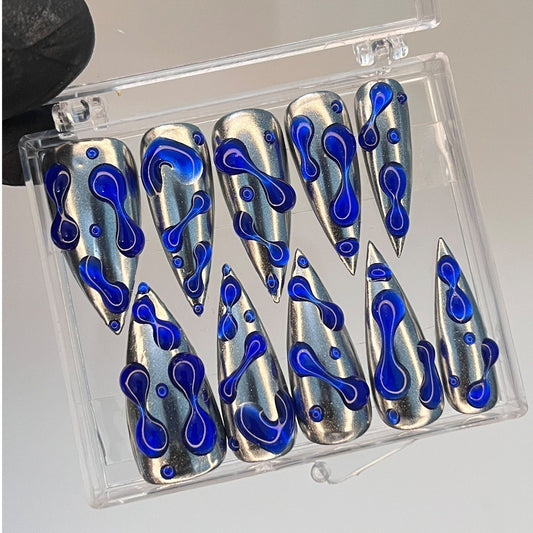 3D blue drop handmade press on nails, silver base long stiletto custom made nails for birthday holiday vacation. 